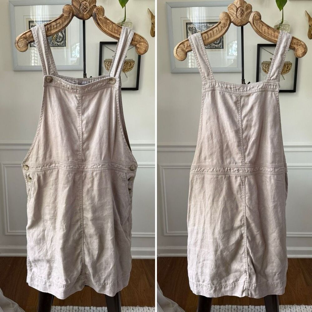 J Jill 100% Linen Overall Short Dress Khaki Beige L